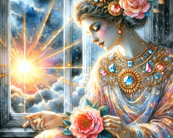 Serene Woman in Intricate Jewelry by a Sunlit Window