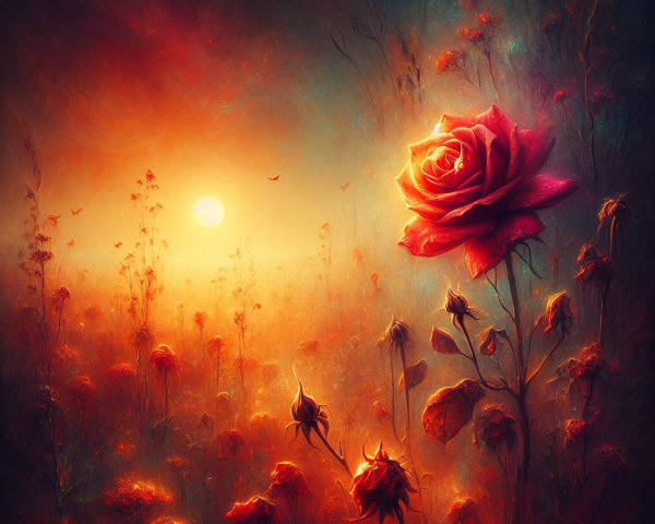 Surreal Landscape with Sunset and Vibrant Roses