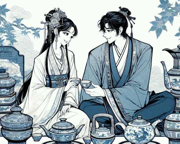 Elegant Figures in Traditional Attire at Tea Ceremony
