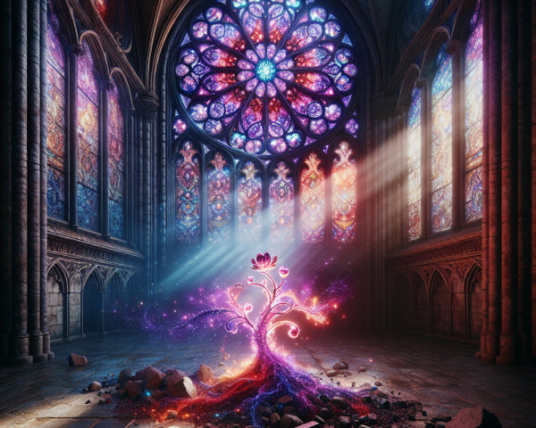 Medieval Cathedral with Blooming Tree and Stained Glass