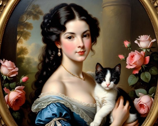 Classical Portrait of a Woman with a Cat and Roses