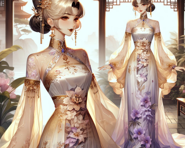 Elegant woman in intricate floral gown amidst nature