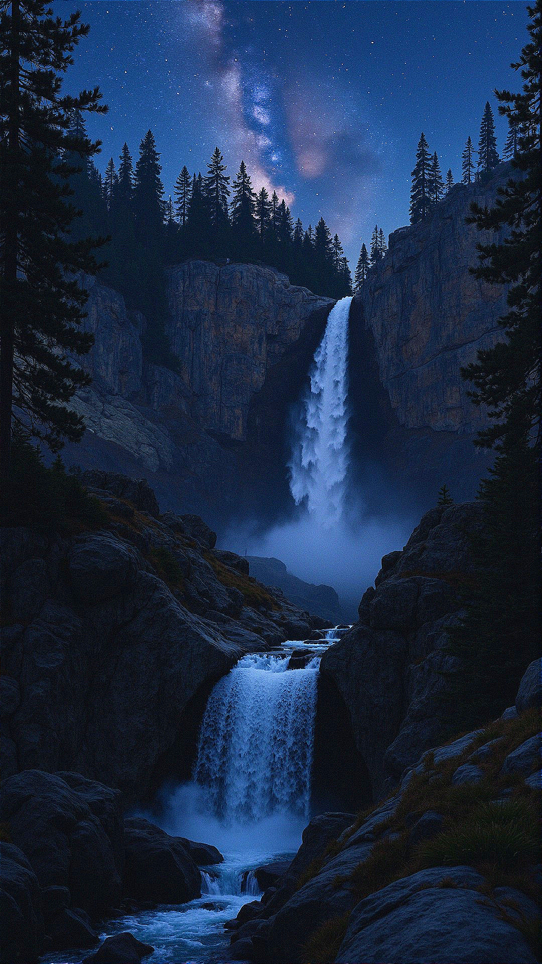 Majestic Waterfall with Milky Way and Pine Trees