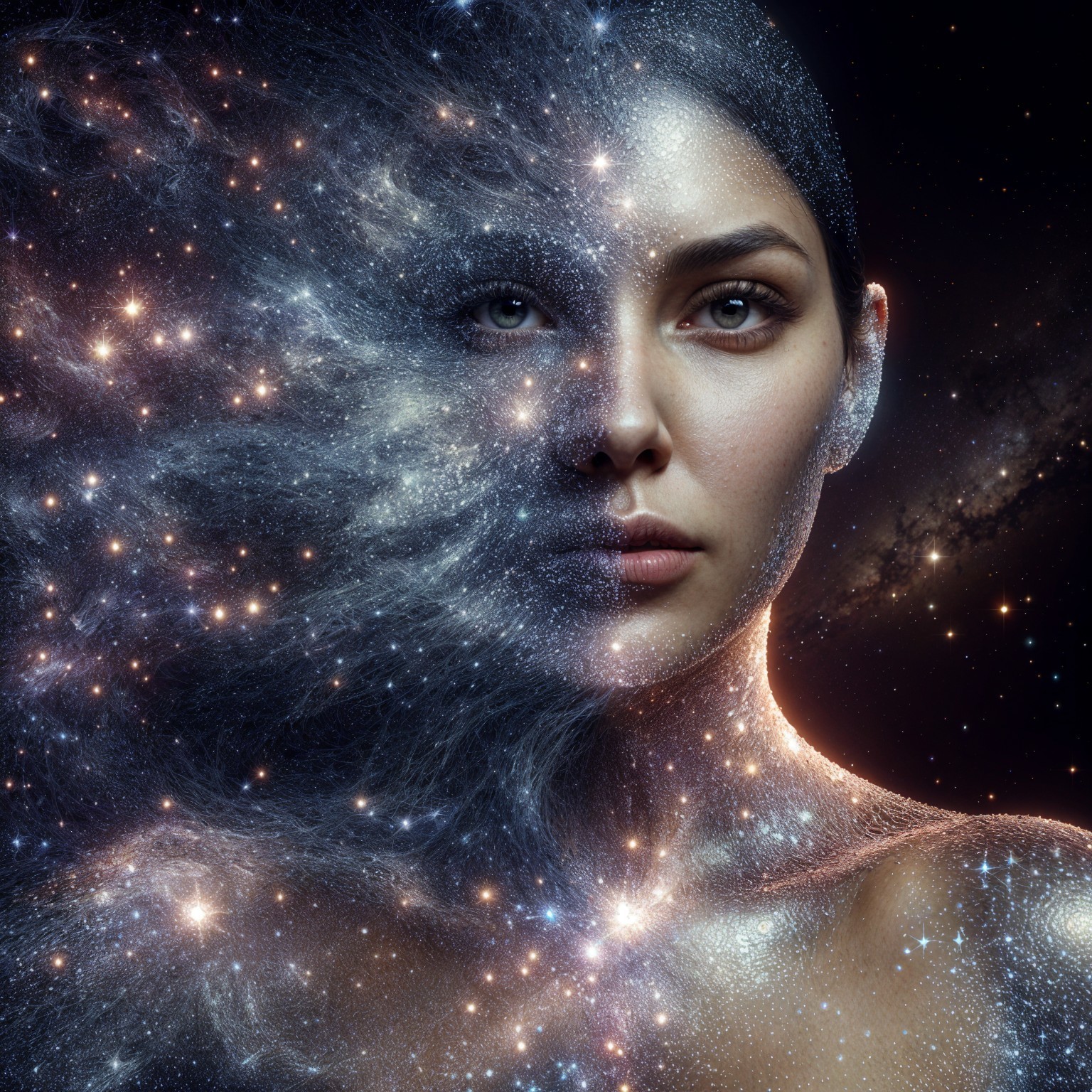 Woman's Face Merged with Cosmic Elements and Galaxy