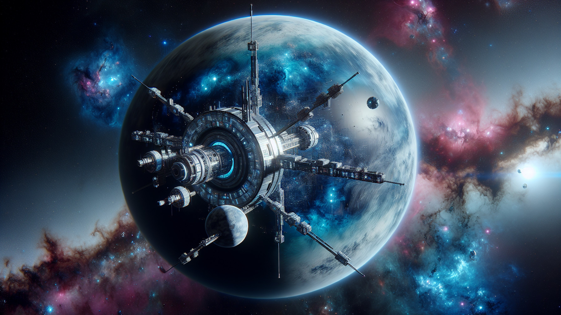 Detailed 3D Circular Space Station Near Alien Planet