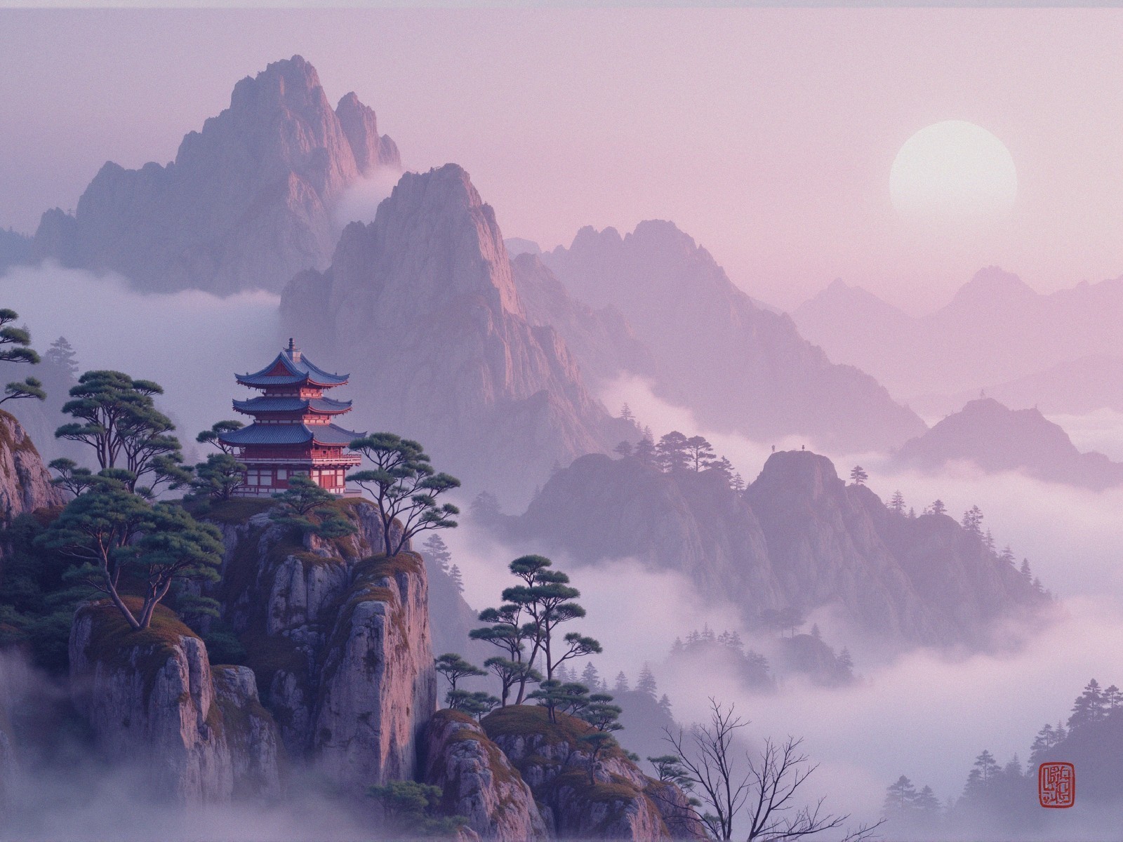 Serene Landscape with Pagoda and Mountain Sunset