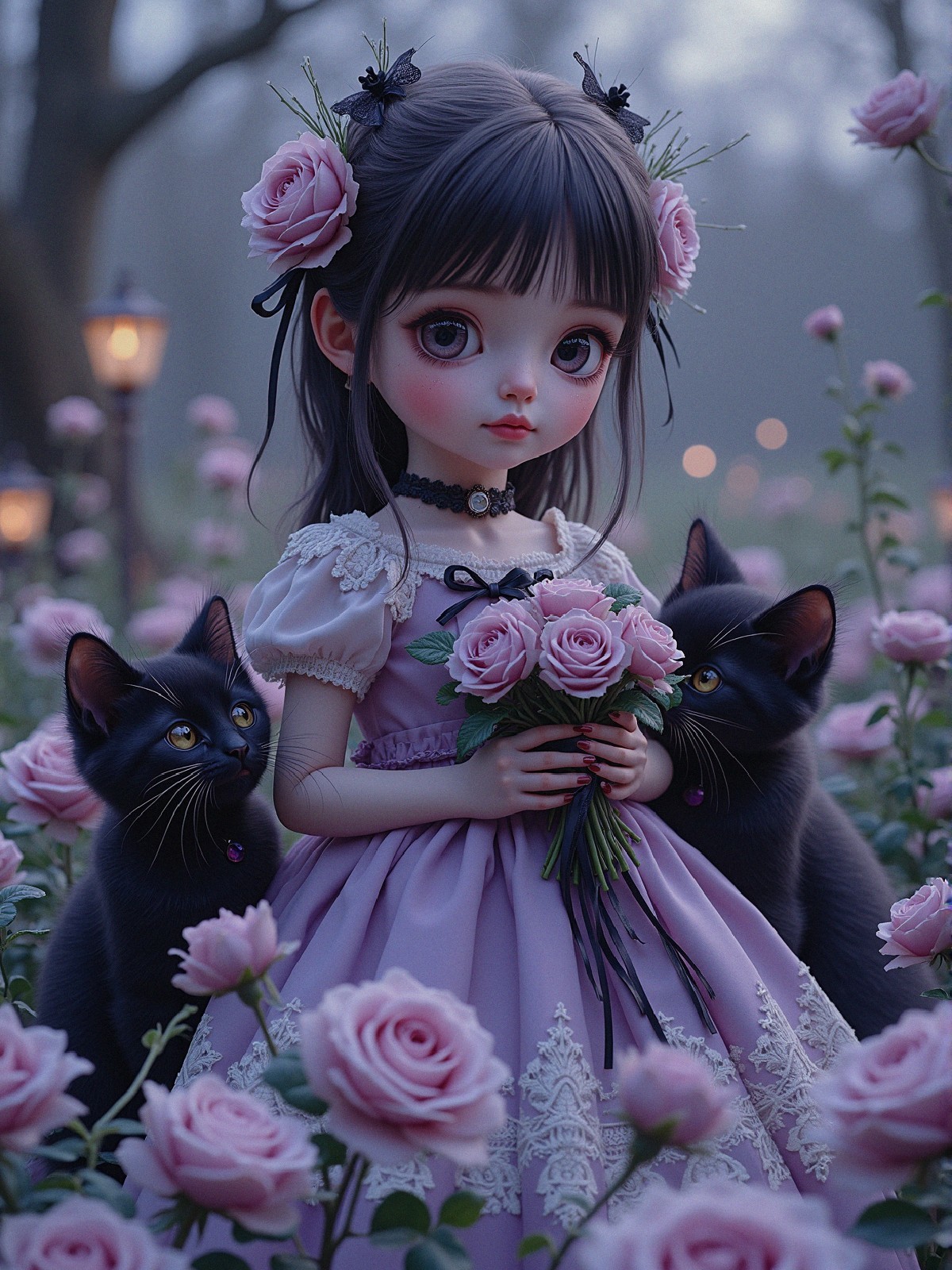 Whimsical Scene of a Girl with Roses and Cats