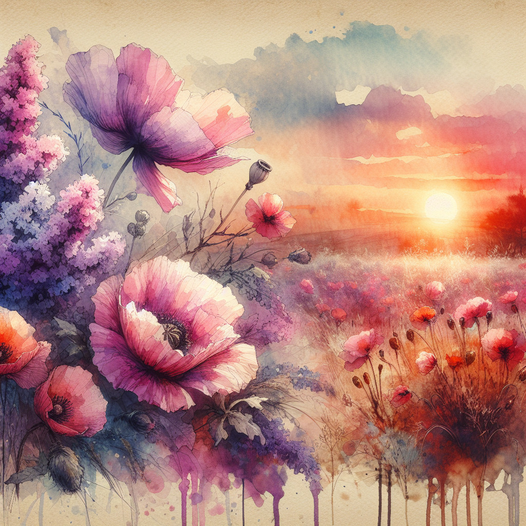 Serene Watercolor Landscape with Vibrant Flowers and Sunset