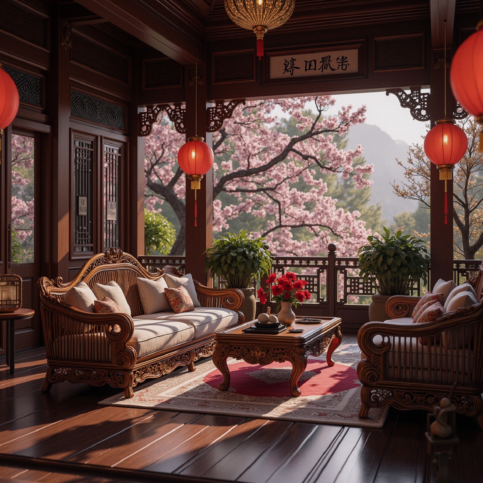 Traditional Interior with Ornate Furniture and Lanterns