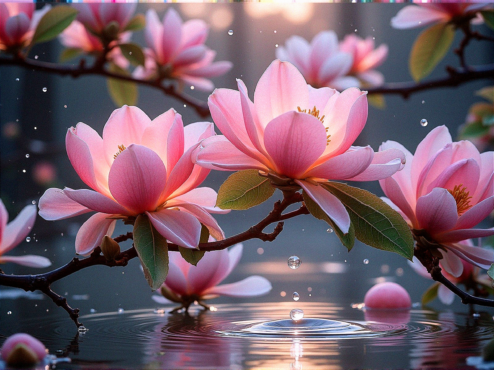 Blooming Pink Flowers Over Calm Water Surface