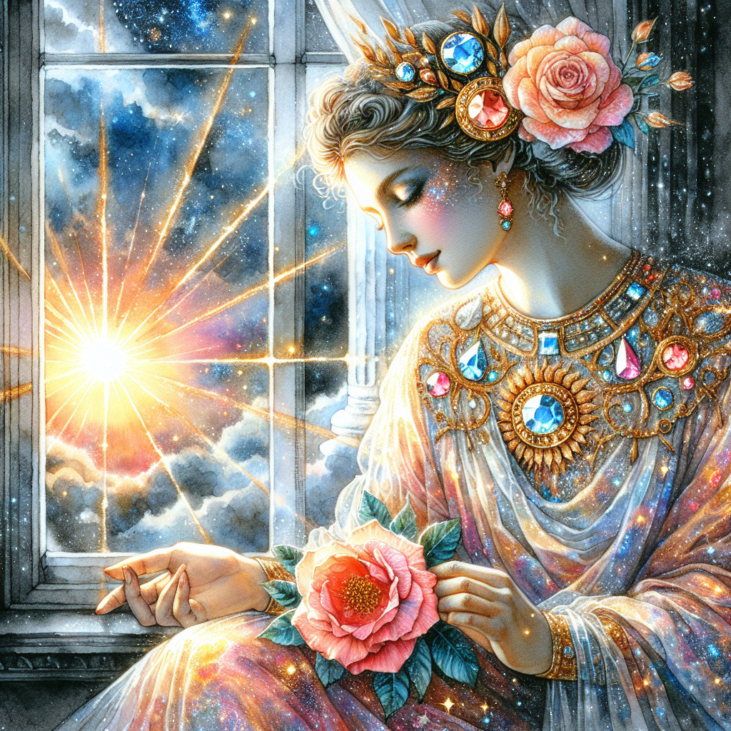 Serene Woman in Intricate Jewelry by a Sunlit Window
