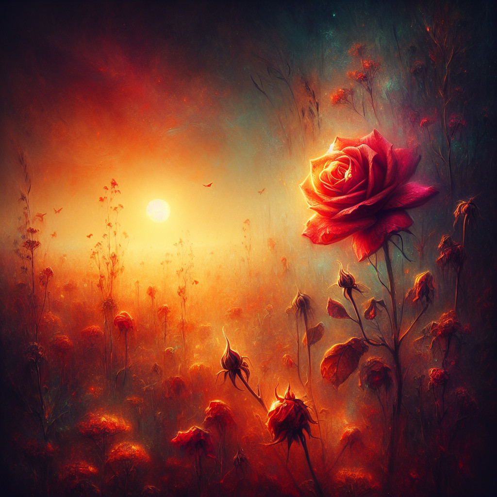 Surreal Landscape with Sunset and Vibrant Roses