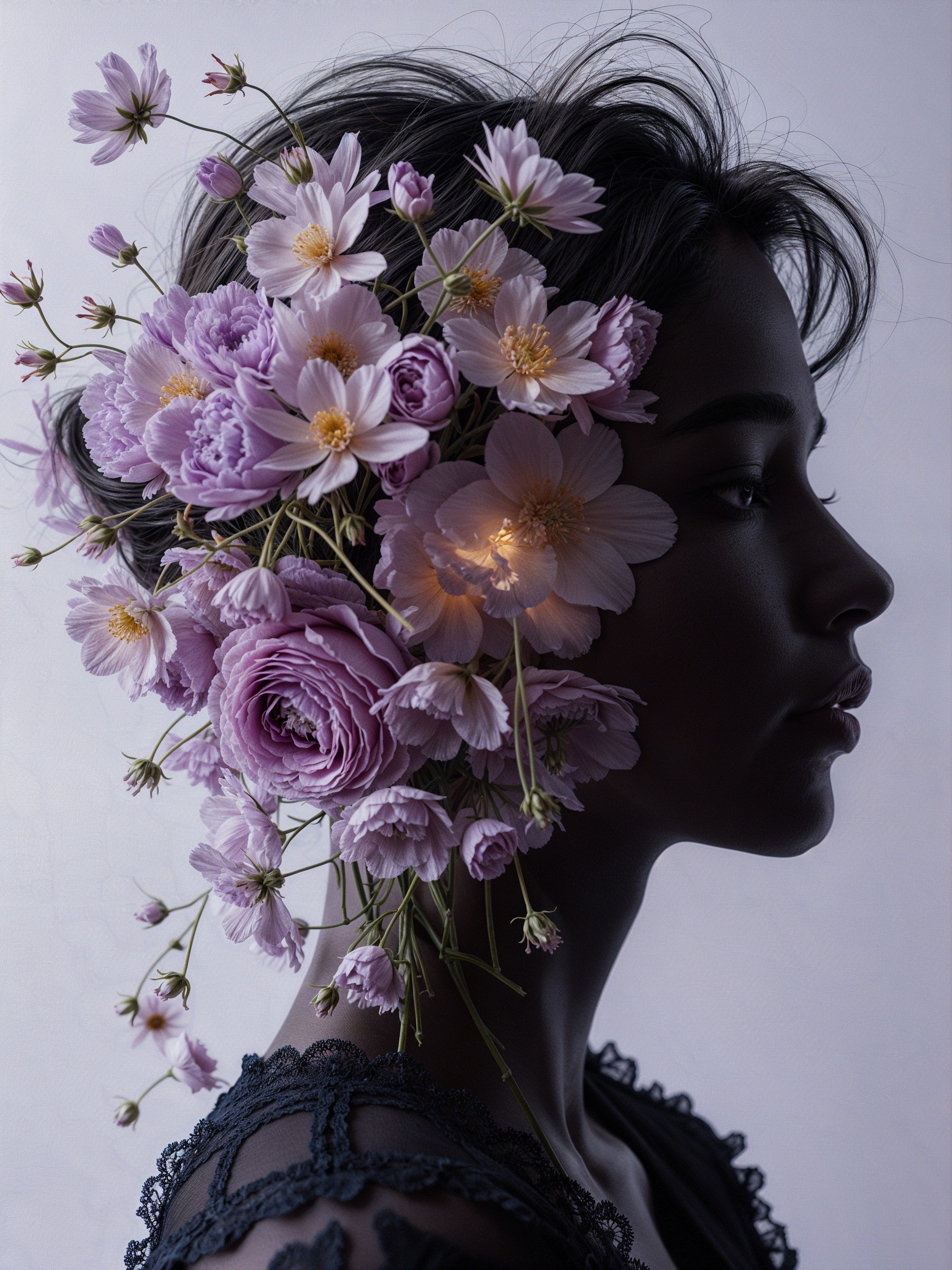 Silhouette of a Woman with Purple and White Flowers