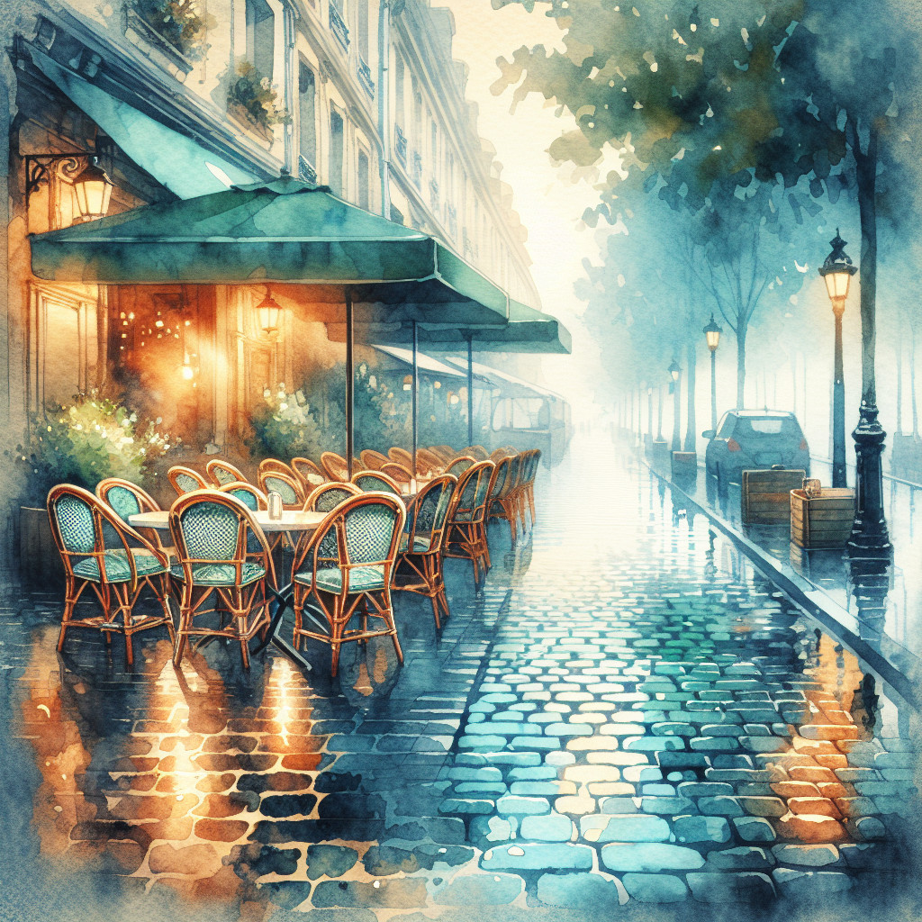 Watercolor Street Scene of a Cozy Café on Rainy Day