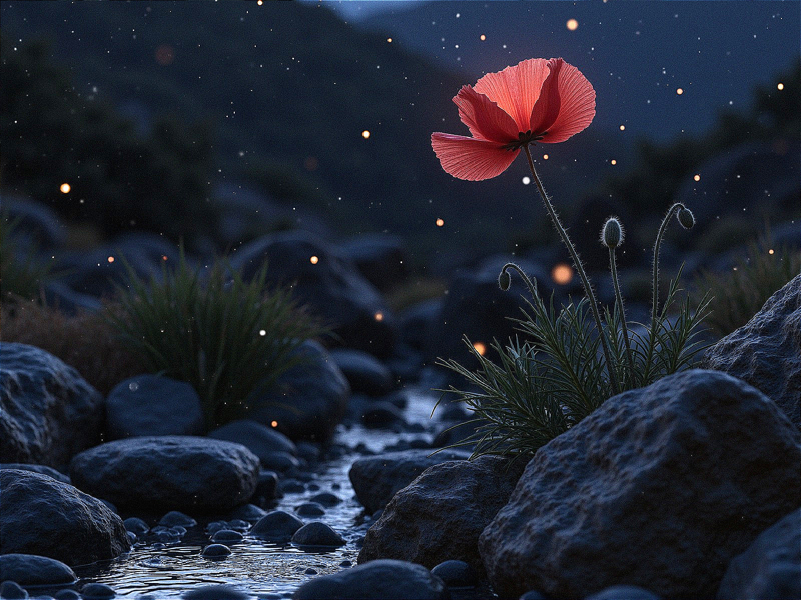 Vibrant Red Poppy Beside a Flowing Stream and Hills