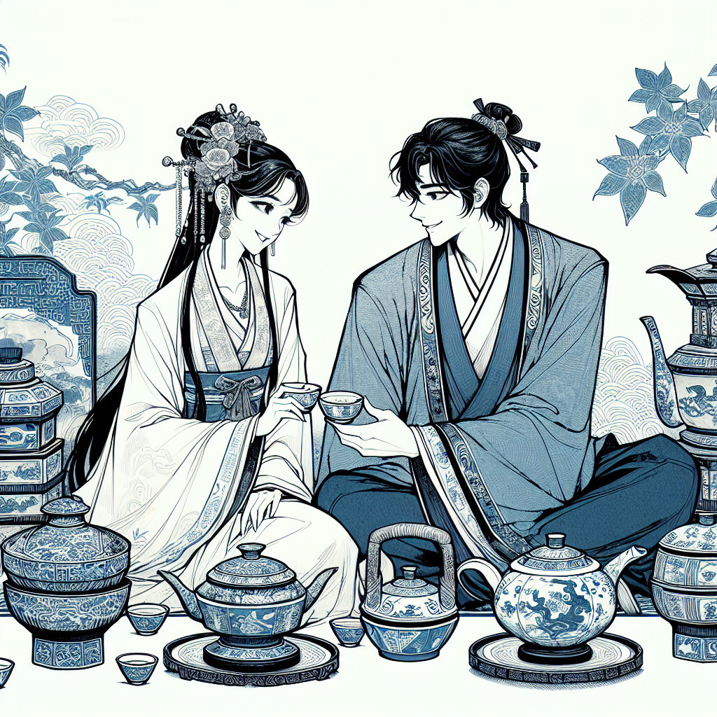 Elegant Figures in Traditional Attire at Tea Ceremony