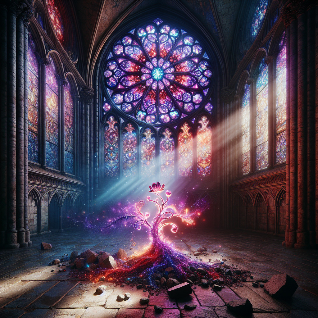 Medieval Cathedral with Blooming Tree and Stained Glass