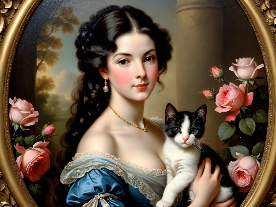 Classical Portrait of a Woman with a Cat and Roses
