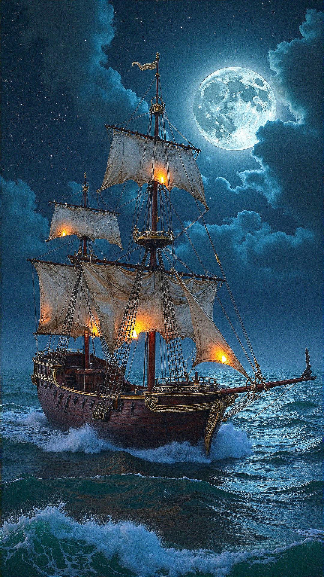 Majestic sailing ship under full moon in choppy waters