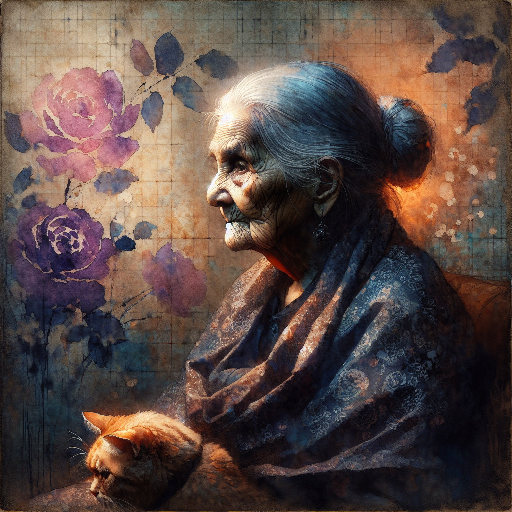 Elderly Woman with Cat Surrounded by Watercolor Roses