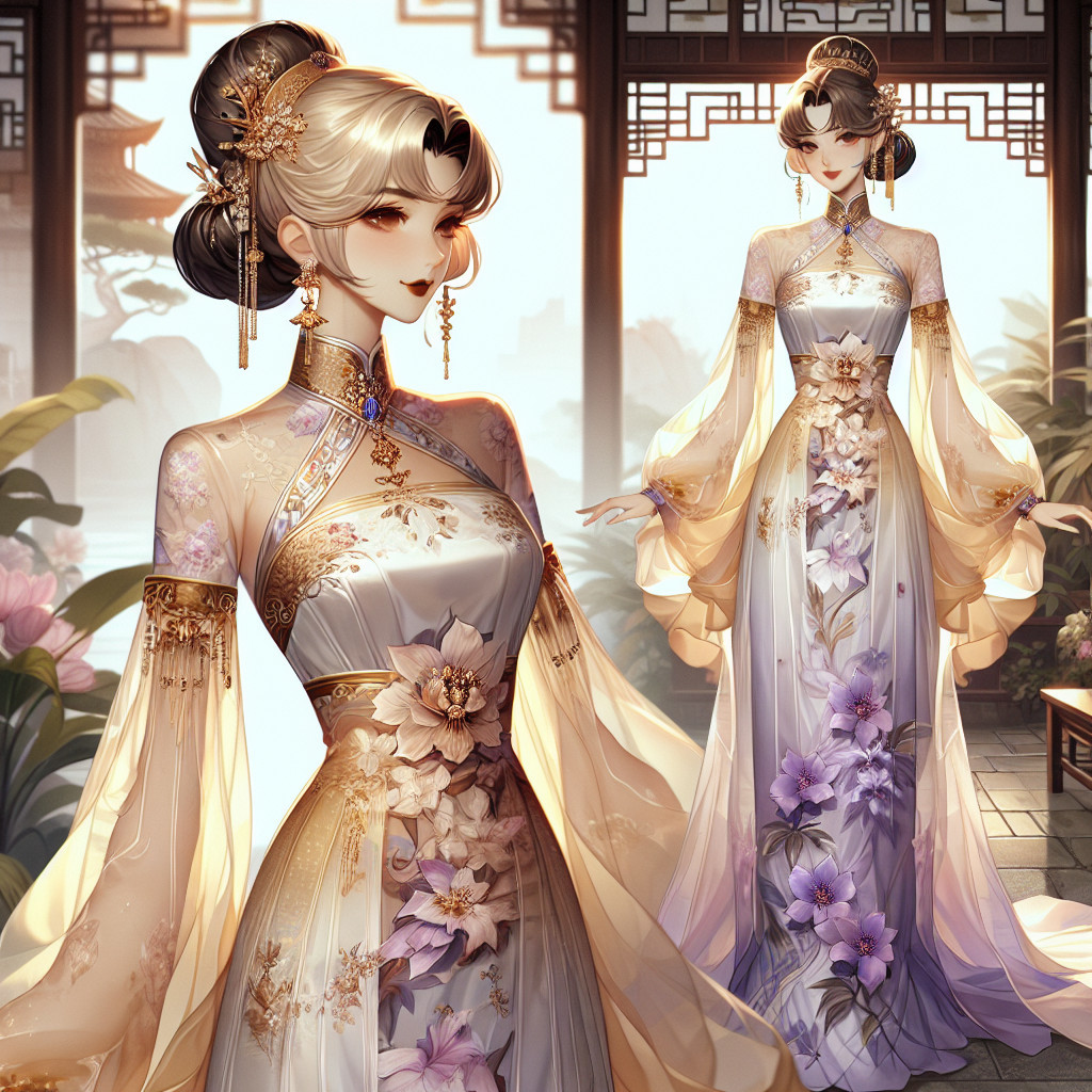 Elegant woman in intricate floral gown amidst nature