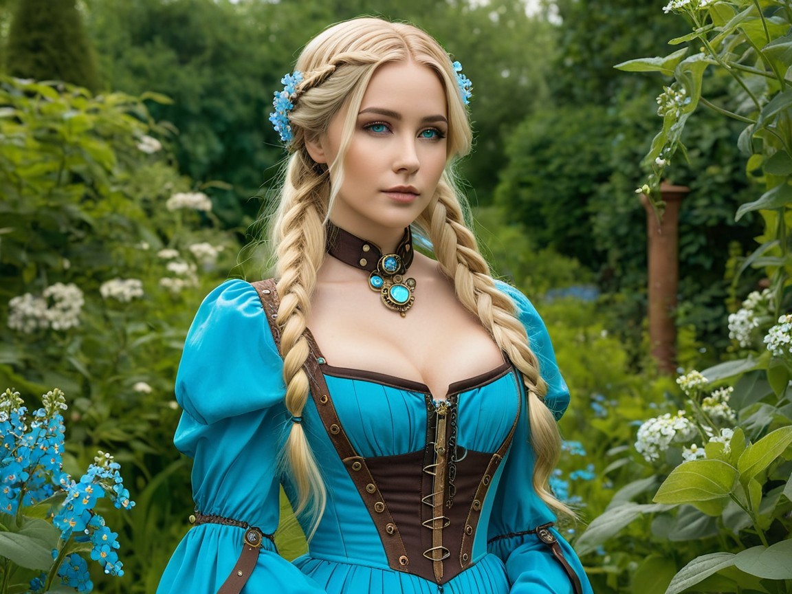 Young Woman in Turquoise Dress in Lush Garden