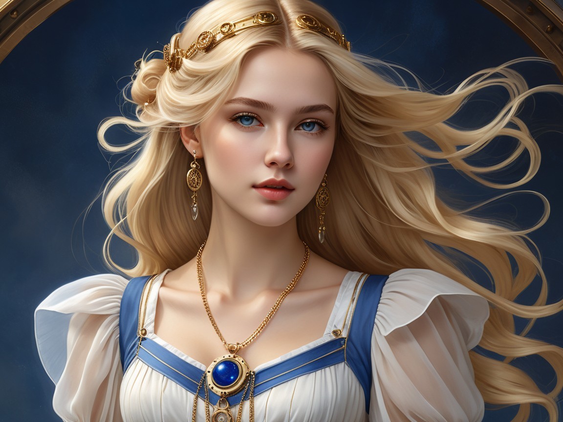 Portrait of a young woman in blue and white dress