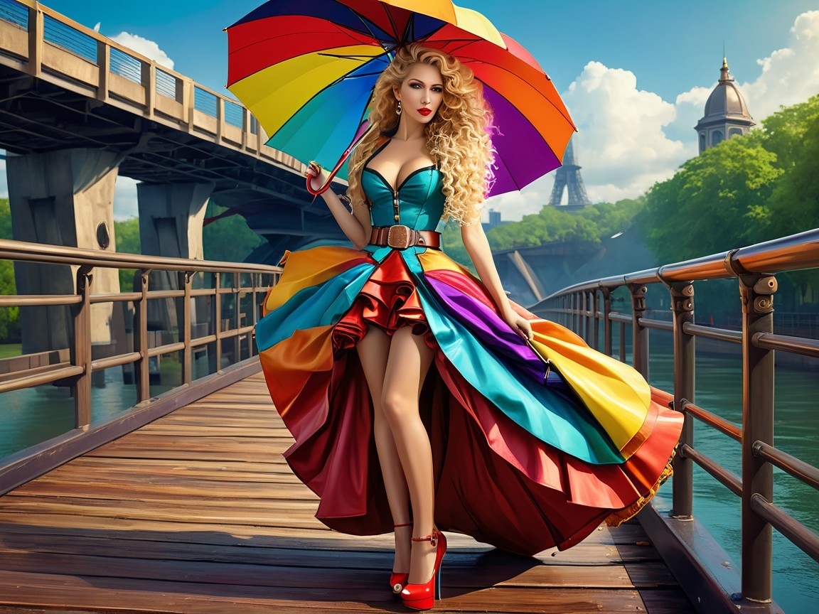 Confident Figure on Bridge with Colorful Dress and Umbrella