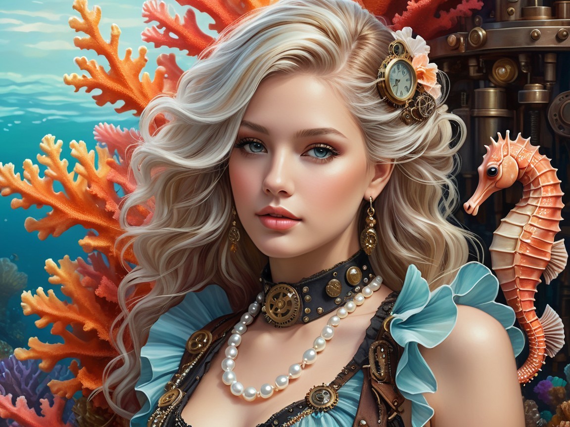 Ethereal Underwater Scene with Steampunk Attire
