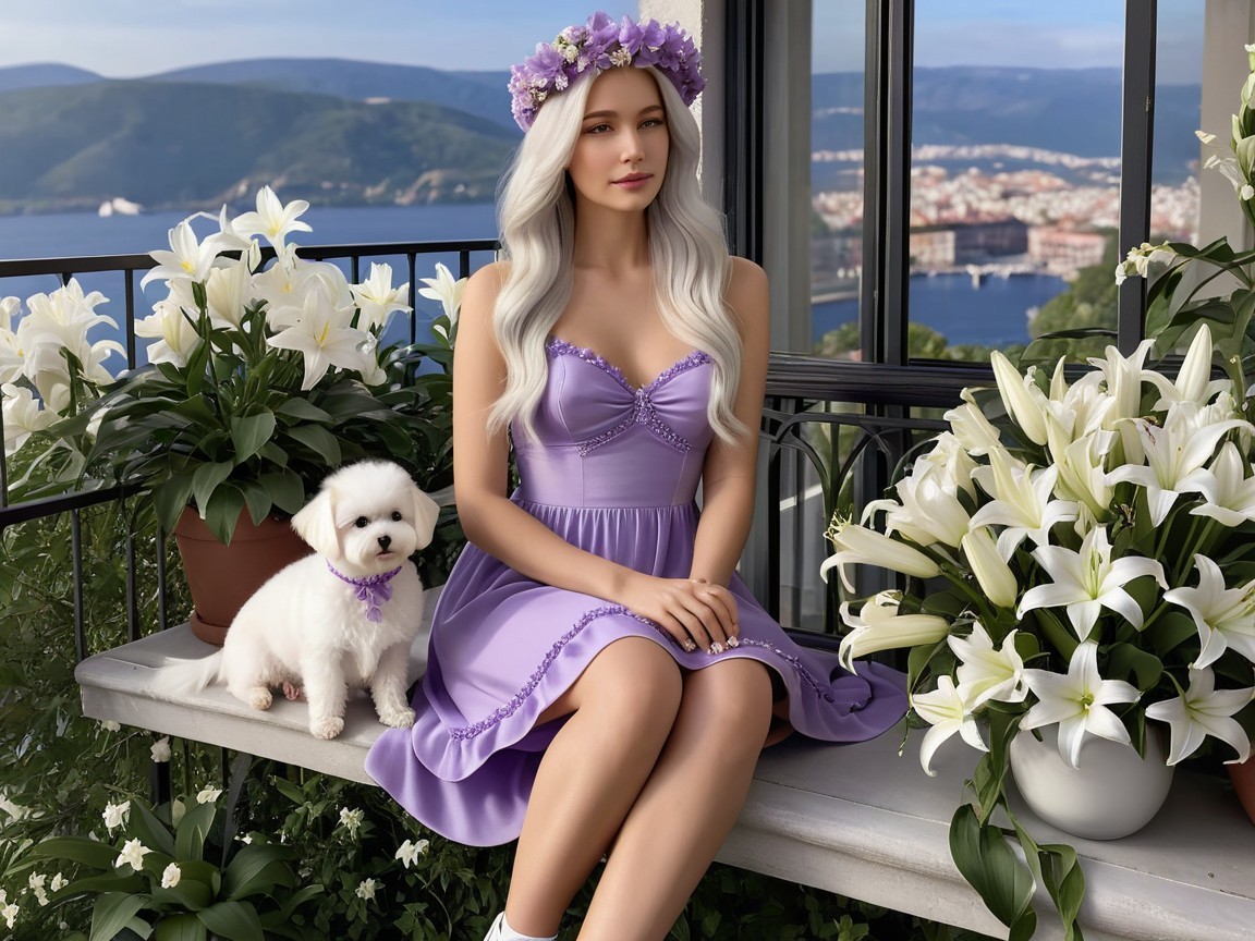 Young woman in lavender dress on balcony with lilies