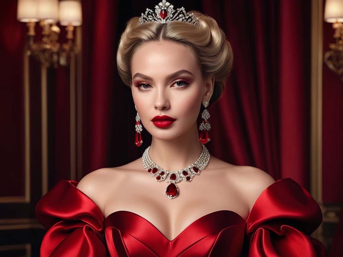 Glamorous Woman in Red Gown with Elegant Accessories