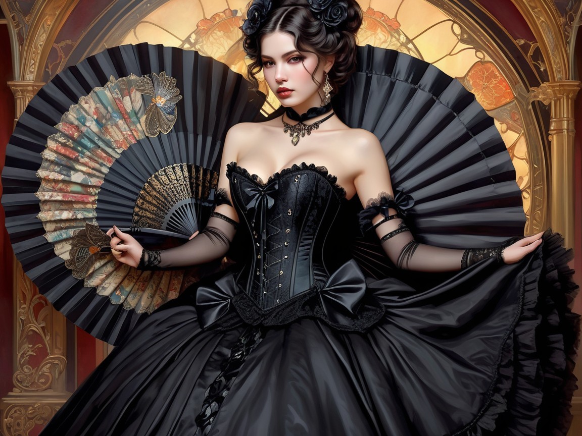Elegant figure in dramatic black gown with lace details