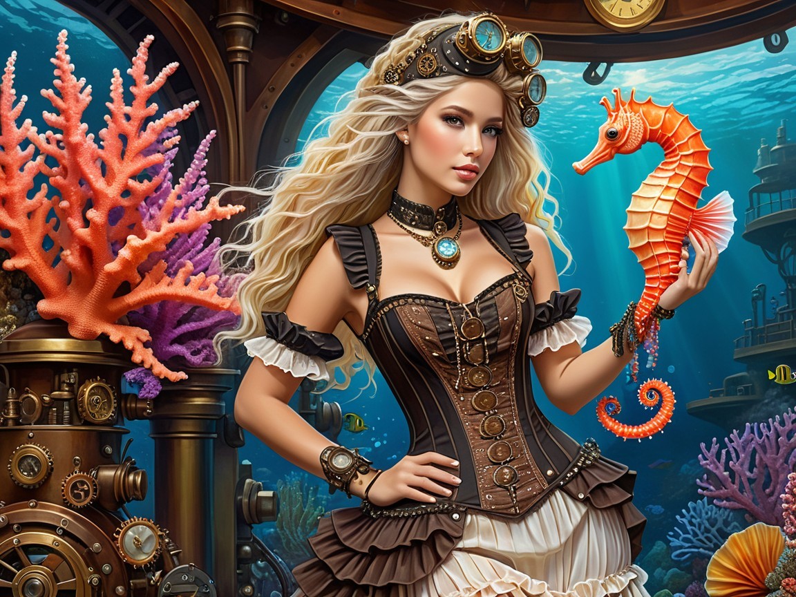 Steampunk Underwater Scene with Colorful Coral and Seahorse
