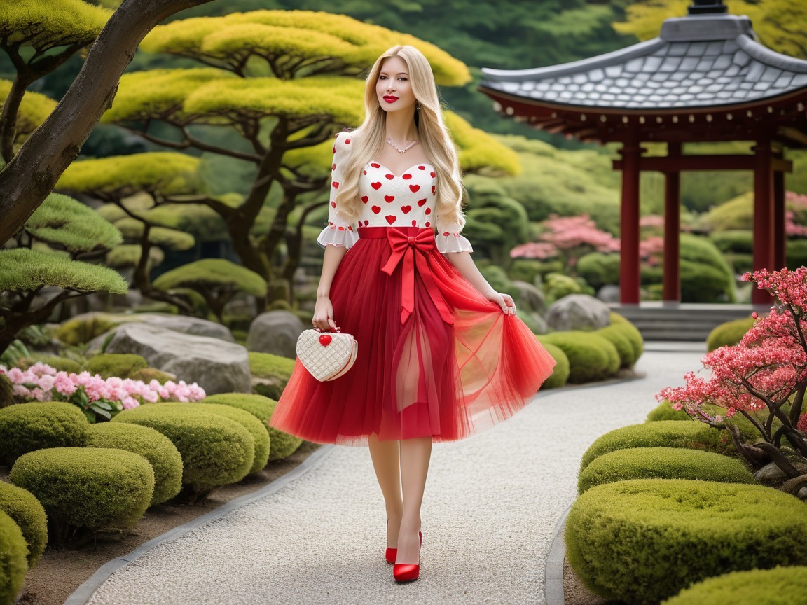 Young Woman in Garden with Fashionable Attire and Architecture