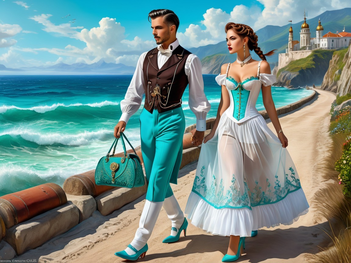 Stylish Couple on Scenic Coastal Path with Mountains