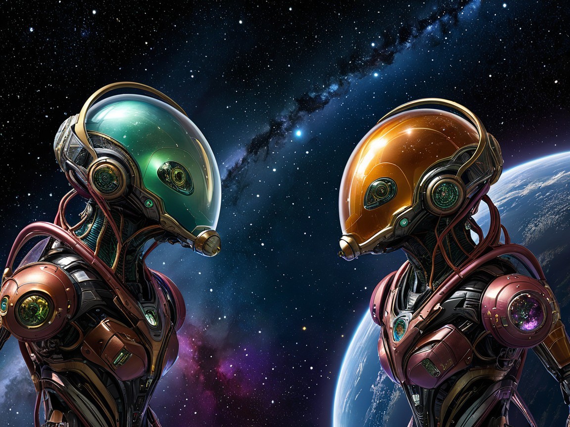 Futuristic Robots in Cosmic Space Scene with Earth