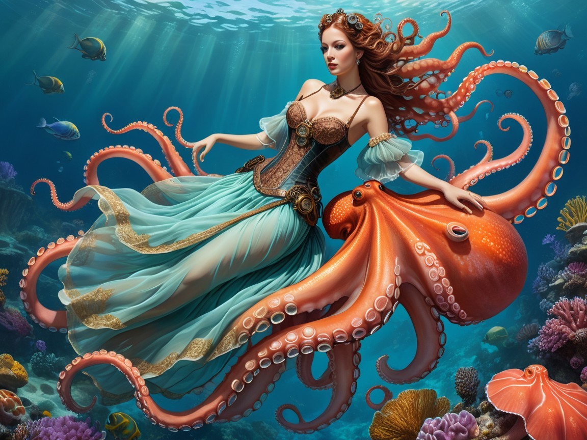 Underwater Scene with Woman in Corseted Steampunk Dress