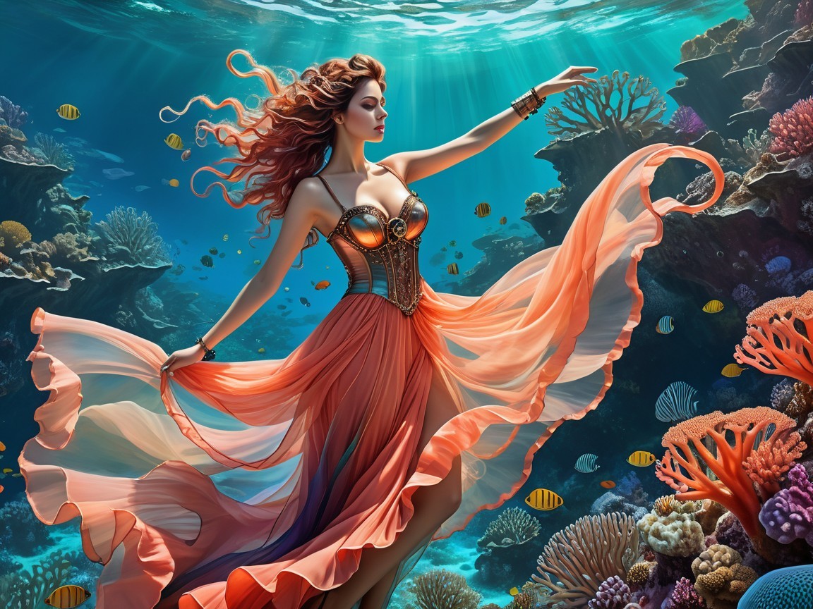 Underwater Scene with Figure in Orange Gown
