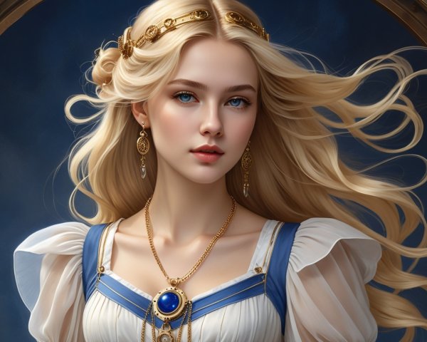 Portrait of a young woman in blue and white dress