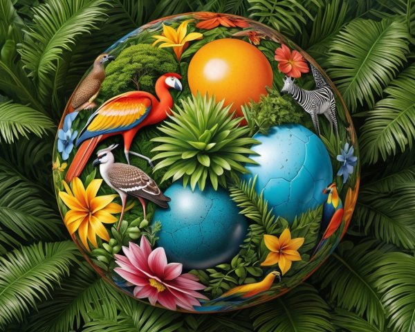 Vibrant Tropical Scene with Exotic Birds and Flora