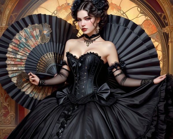 Elegant figure in dramatic black gown with lace details