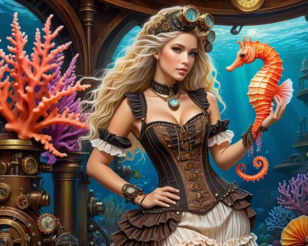 Steampunk Underwater Scene with Colorful Coral and Seahorse