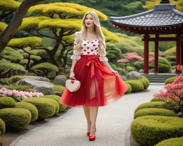 Young Woman in Garden with Fashionable Attire and Architecture