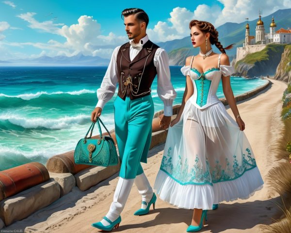 Stylish Couple on Scenic Coastal Path with Mountains