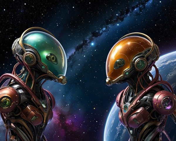 Futuristic Robots in Cosmic Space Scene with Earth