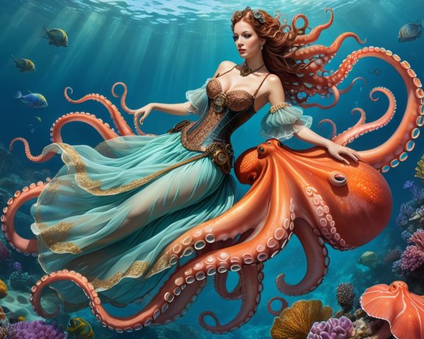 Underwater Scene with Woman in Corseted Steampunk Dress