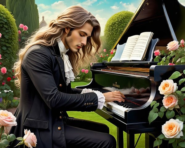 Young man in suit playing piano in rose garden