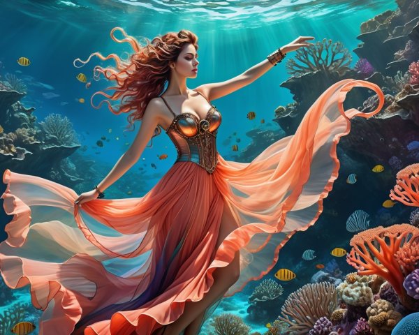 Underwater Scene with Figure in Orange Gown
