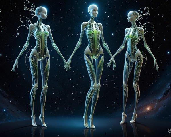 Futuristic Skeletal Humanoids in Cosmic Setting