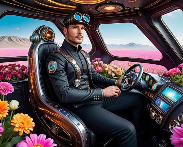 Stylish Man in Futuristic Vehicle Surrounded by Flowers